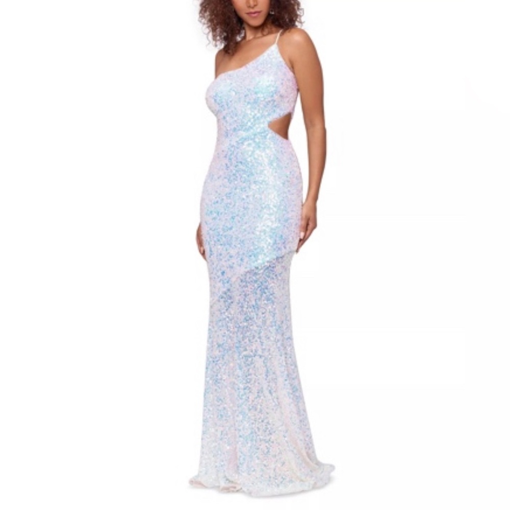 BETSY & ADAM Sequinned One-Shoulder Cutout Gown Prom Wedding Mermaid Dress 8